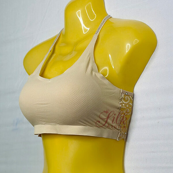 Beige Cross-Back Lace Bra with Padded Cups and Rhinestone Detailing